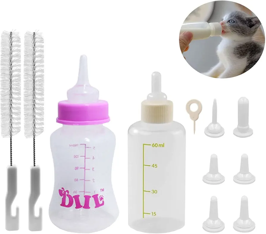 NN/A Sipiris Botella de Leche del Animal Doméstico,2 Kit de Biberón de Mascotas con 5 Pezones de Repuesto 2 Cepillo para Pezones para Pezones Adecuado para Pequeños Cachorros Gatitos(150ml+60ml)