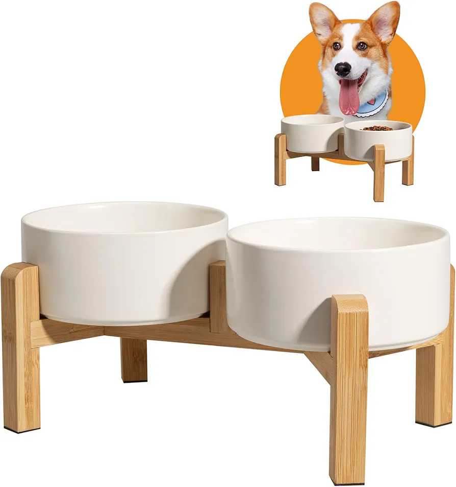 Comedero Perro Elevado Comedero Perros - Comedero y Bebedero Perro Ceramica - Cuenco Perro Doble con Soporte de Bambú - Platos Perros - Bol Comida y Agua para Perros Pequeños y Medianos - 2 x 850 ml