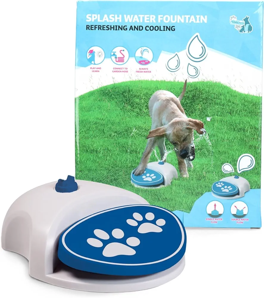 CoolPets Splash Fuente de Agua 27 x 23 x 9 cm - Bebedero para Perro - Fuente de Agua para Perro Manguera de jardín - Viene con Dos boquillas - Enfriamiento - Azul