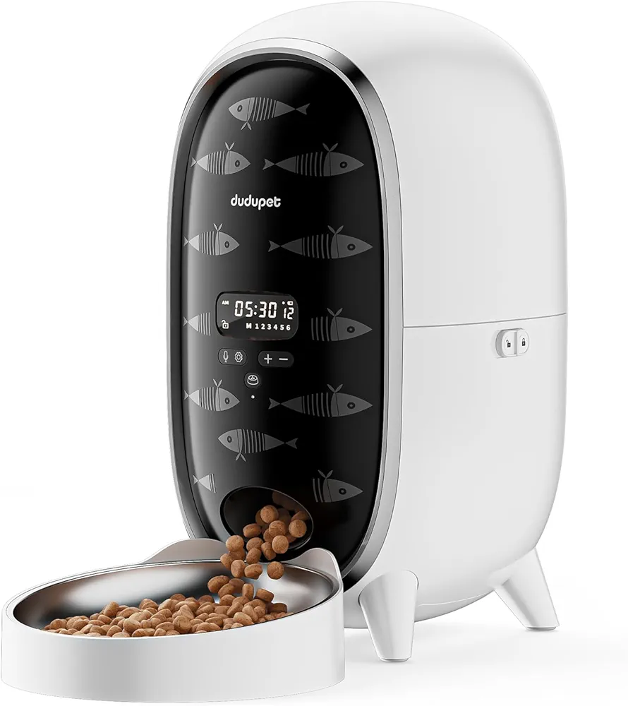 DUDUPET Comedero Automatico Gato- Dispensador de Comida para Perros de 3L con Cuenco de Acero Inoxidable, hasta 15 Raciones/6 Comidas al Día, Función de Recogida por Sonido, Diseño de Pingüinos