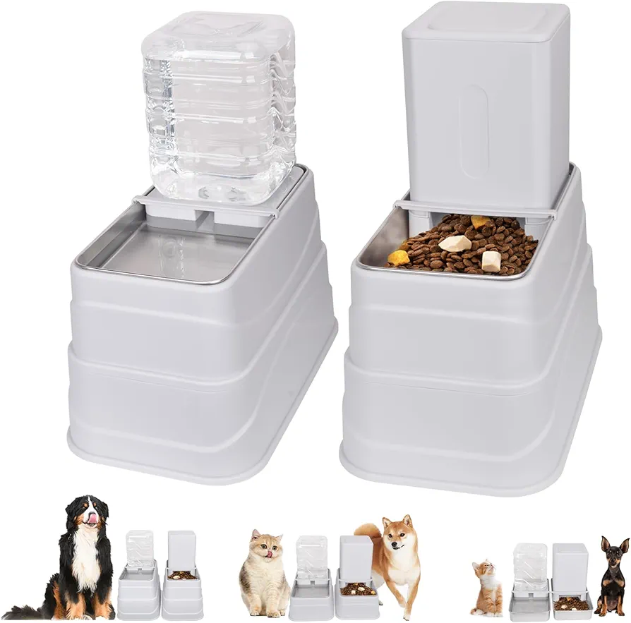 GOYJOY Juego de comedero y dispensador de agua para gatos, 3 alturas ajustables y dispensador de agua para perros, gatos, mascotas, con 2 cuencos de acero inoxidable, parte inferior antideslizante,