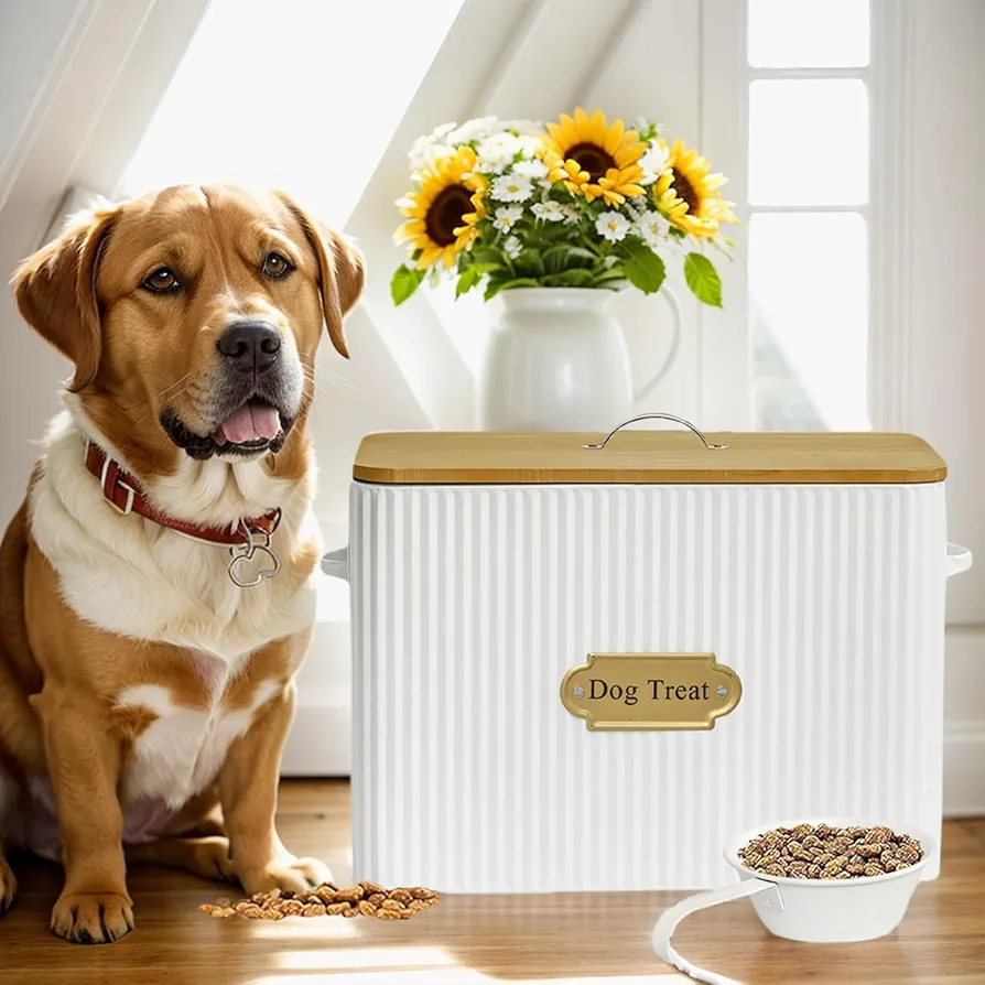 EMAX HOME Contenedor grande de metal para almacenamiento de alimentos para perros, recipiente decorativo para golosinas para mascotas, almacenamiento de alimentos para perros de granja con tapa,