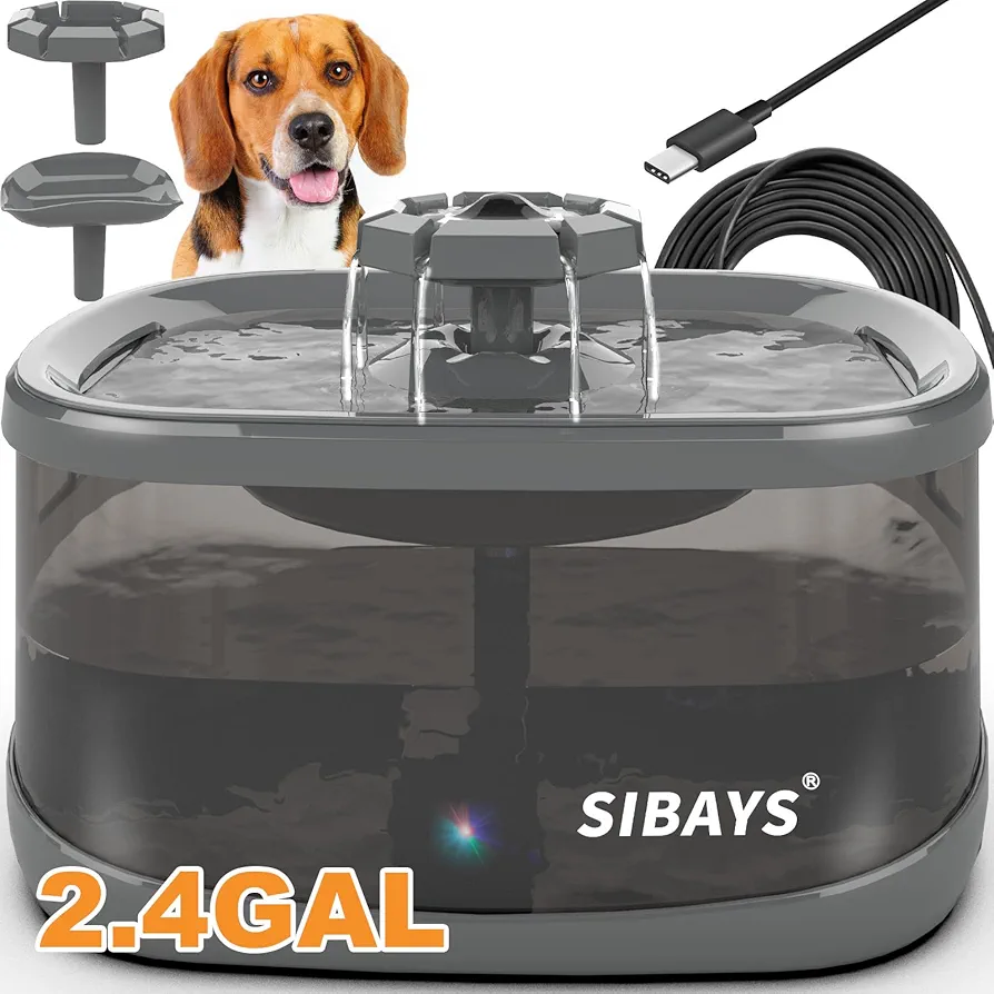 SIBAYS Fuente de agua para perros de 9 l, 300 oz, 2,4 GAL para perros grandes, fuente de agua para mascotas, automática, supersilenciosa, sin derrames, algodón de filtro múltiple, material libre de