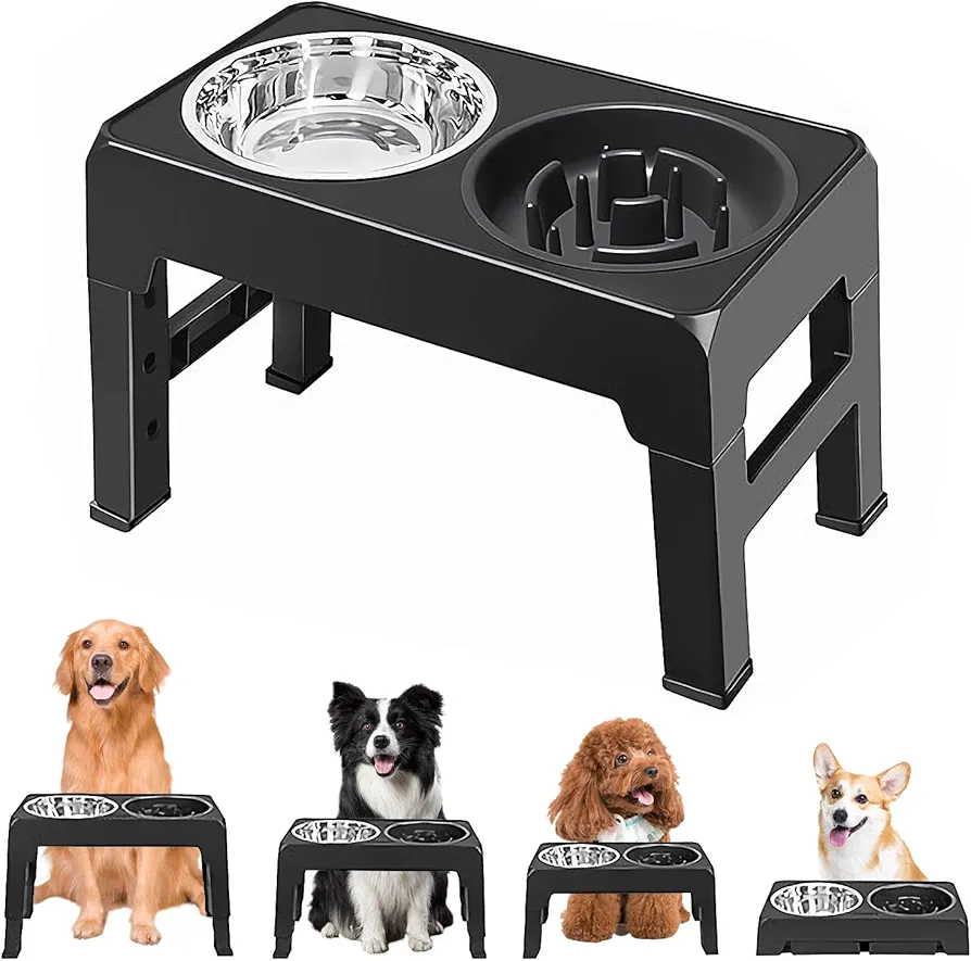 MEYDLL Cuenco elevado para perro, cuenco elevado de acero inoxidable para perros, cuenco para perros con soporte ajustable, cuenco doble para comida y agua para perros, 4 alturas, negro