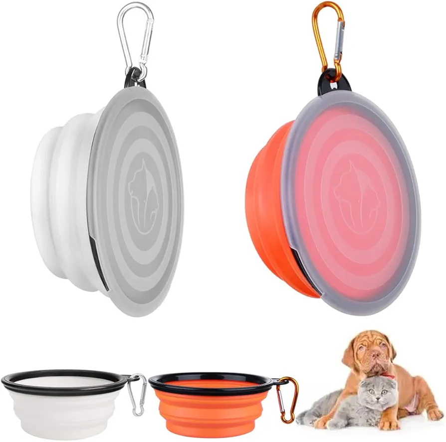 Cuencos plegables para perros de 2 piezas con mosquetón de 2 piezas, cuencos para mascotas de silicona, cuencos plegables para perros, para actividades al aire libre, viajes y perreras bebedero