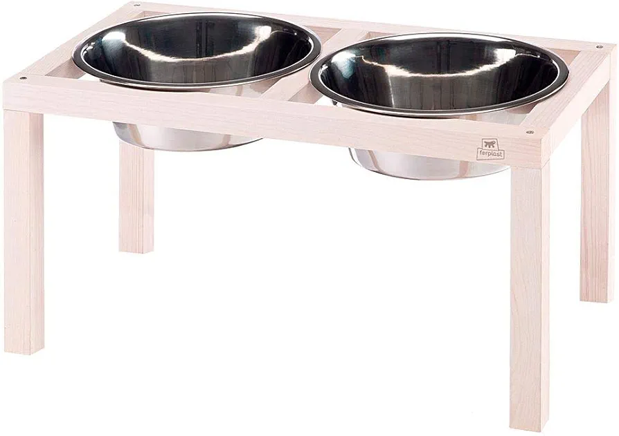 Ferplast Desco Wood Porta Comedero para Perro con 2 Comederos de acero Inoxidable - Elegante Comedero para Agua y Comida para Perro de Madera elevada, Antideslizante, 5,6 litros