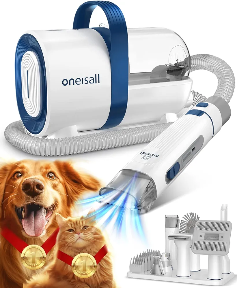 oneisall Cortapelos Perros con aspiradora de pelo, Aspira el 99% del pelo de las mascotas, máquina de corte silenciosa para perros y gatos y otras 7 herramientas de aseo (azul)