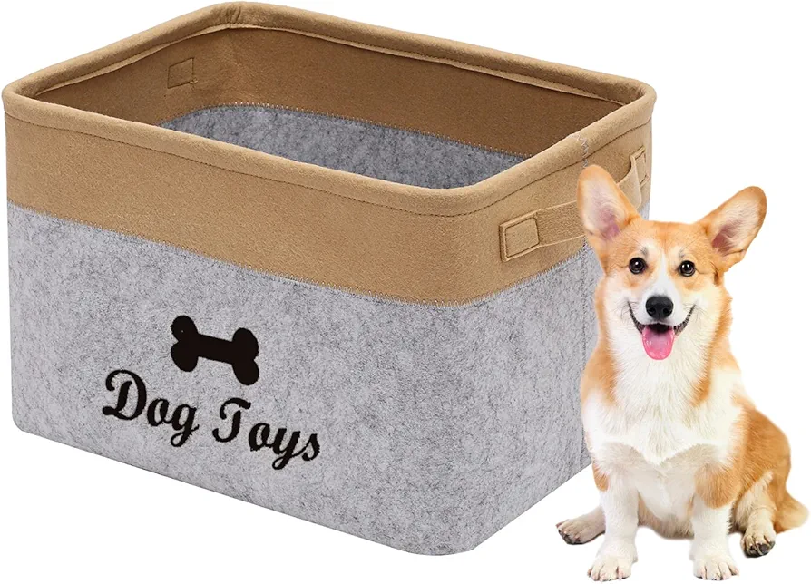 Geyecete - Cestas para Juguetes de Perro con Mango, Fieltro Caja de Almacenaje para Juguetes para Mascotas e Ropa y Accesorios, Grande Cajas rectangular-38 x 27 x 25 cm-Gris Claro/Caqui