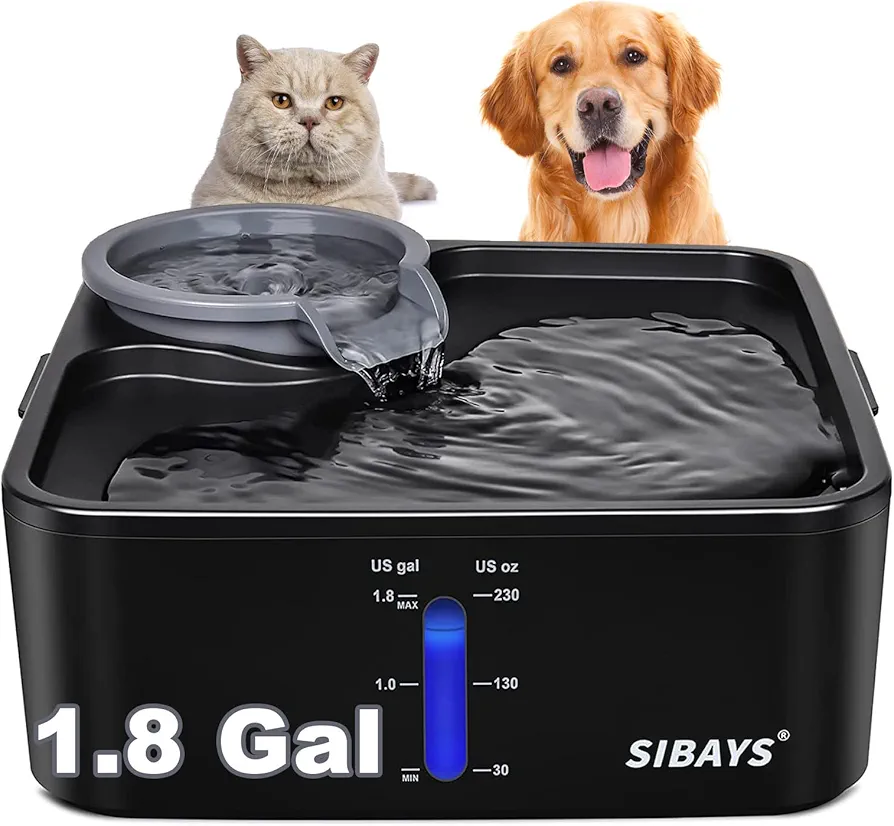 SIBAYS 230OZ 1.8GAL 7L Perros Fuente para Perros Medianos Automática Super Silenciosa a Prueba de Fugas para Mascotas Multifiltro Algodón Recordatorio de Agua Visible