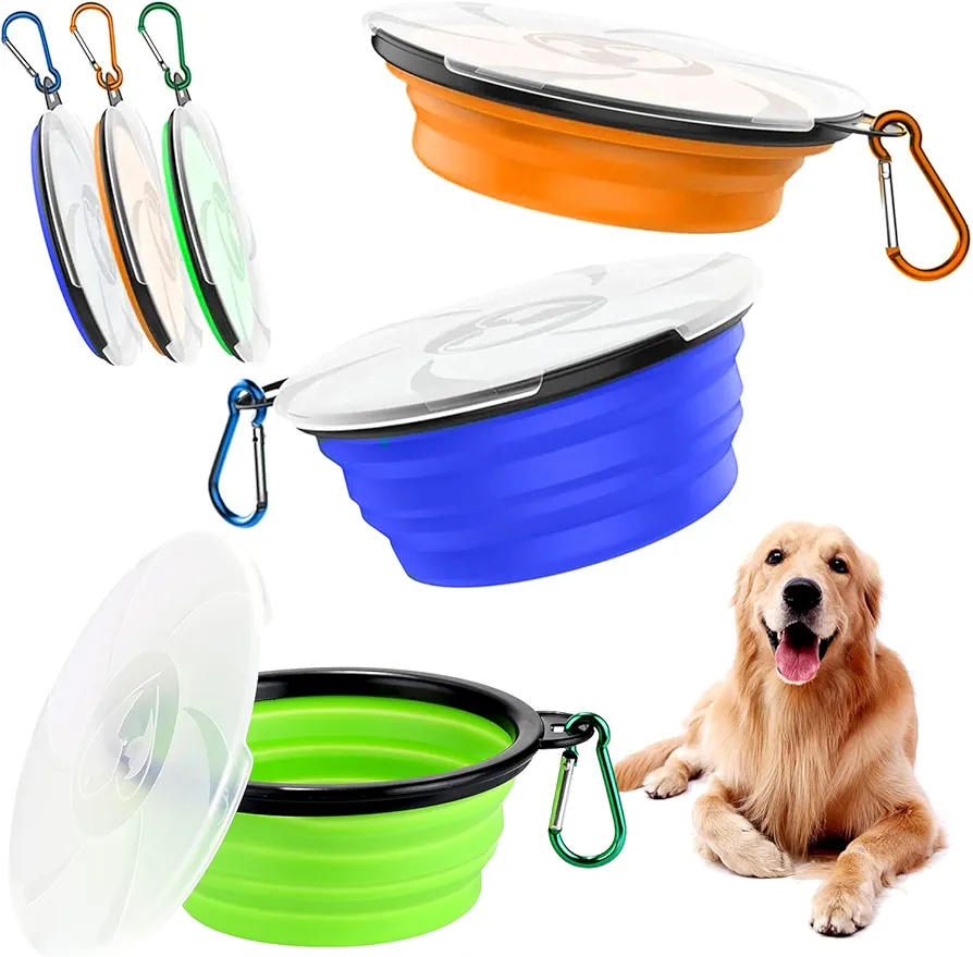 Wenearn Cuenco Plegable para Perros, 3 Piezas Cuenco Portátil de Viaje para Perros y Gatos, Cuenco de Silicona para Mascotas, Cuencos para Perros, Cuenco Perro con Tapa y Mosquetón (450ML)