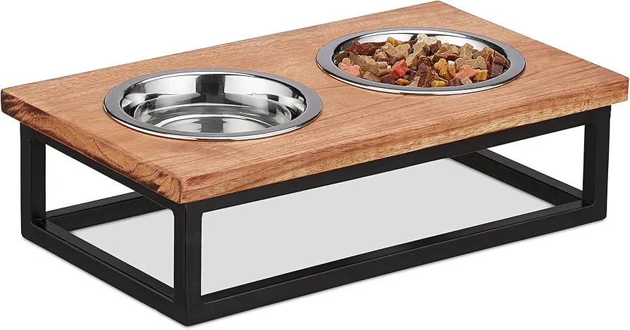 Relaxdays Napfständer Comedero Elevado para Perro, Soporte Alto de Madera Acacia, 9,5x34x19,5 cm, 2 Cuencos de Comida 300 ml, Marrón, Acero