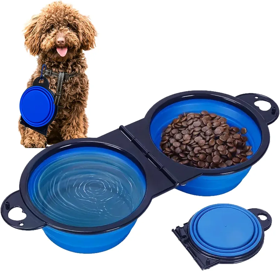 Cuencos de agua plegables para perros, artículo de viaje portátil 2 en 1, accesorios de campamento plegables para mascotas, comedero de platos, recipiente de agua portátil con mosquetones para