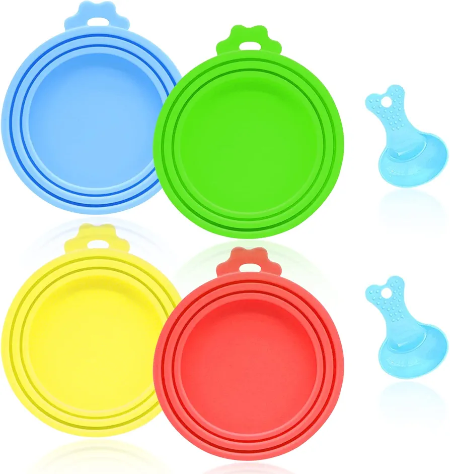 4 tapas para tarros de comida para mascotas, Tapa de tarro de silicona de tamaño universal 3 en 1, sin BPA, 2 cucharas de alimentación para mascotas, aptas para comida para perros, comida para gatos