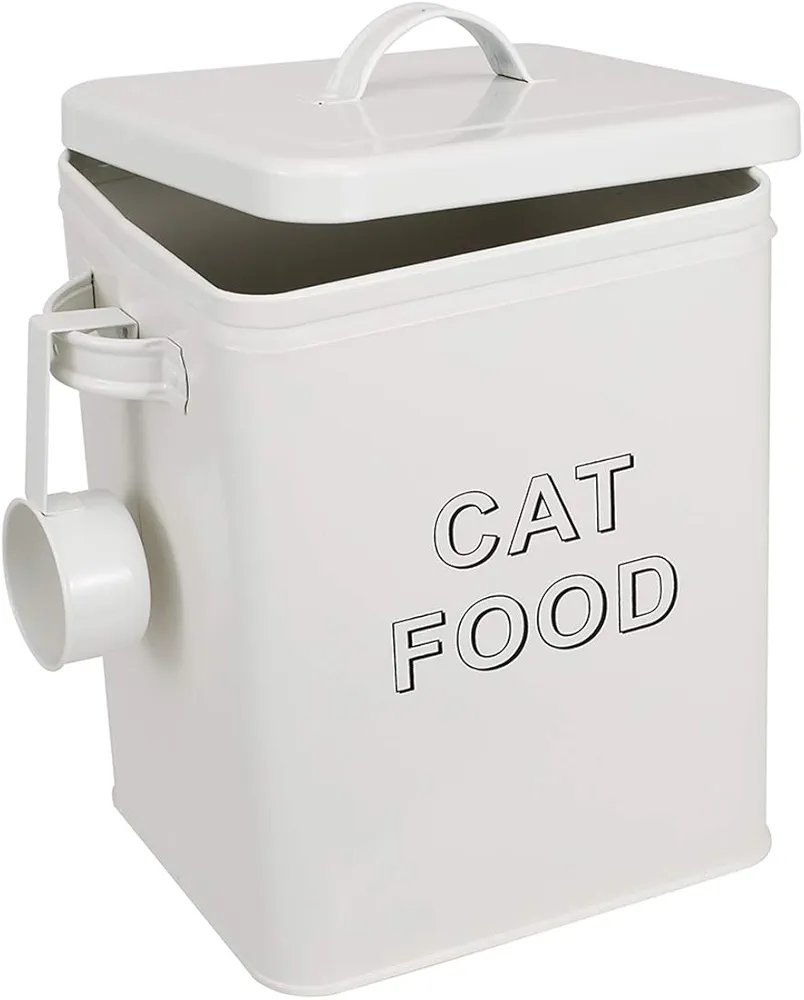 Morezi Contenedor de comida para mascotas, caja de comida para gatos, con tapa y cuchara, adecuado para almacenar alimentos secos y bocadillos para mascotas-Gato-Blanco