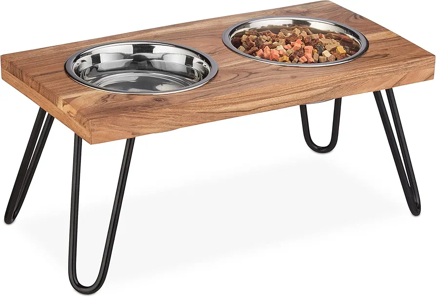 Relaxdays Comedero Elevado para Perro, Soporte Alto de Madera Acacia, 23x49,5x25 cm, 2 Cuencos de Comida 1200 ml, Marrón, Acero, 23 x 49.5 x 25 cm