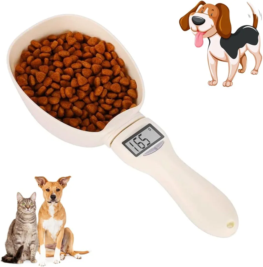 EHOTER Cuchara medidora digital de alimentos para mascotas, taza medidora de alimentos para perros y gatos en gramos, taza de báscula de comida desmontable para mascotas con pantalla LED, cuchara de