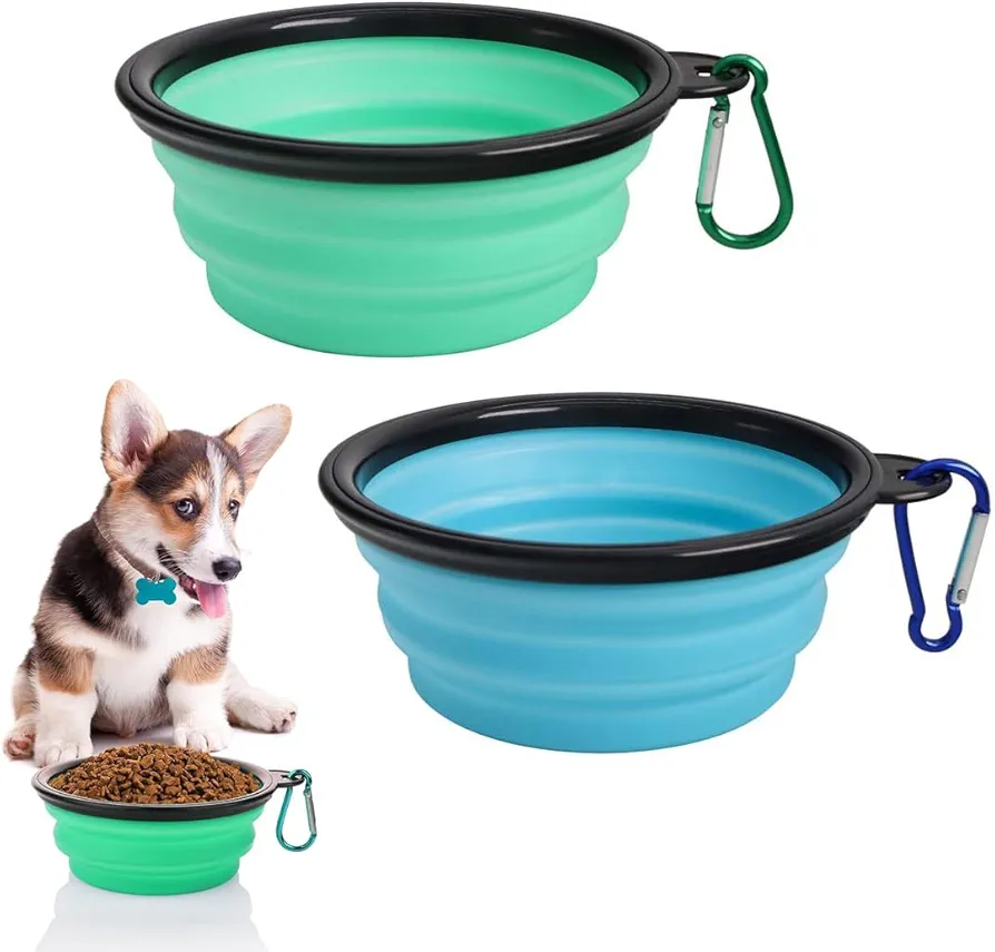 2 Piezas bebedero plegable, cuenco para perro portátil con tapas y mosquetón,cuenco de silicona para gatos,para gatos, perros y mascotas, 350 ml