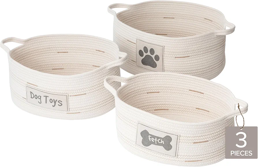 RGI Home Juego de 3 cestas de almacenamiento de juguetes para perros, cestas ovaladas de cuerda de tela para almacenamiento y organización de mascotas y hogar, varios tamaños, gris carbón sobre marfil