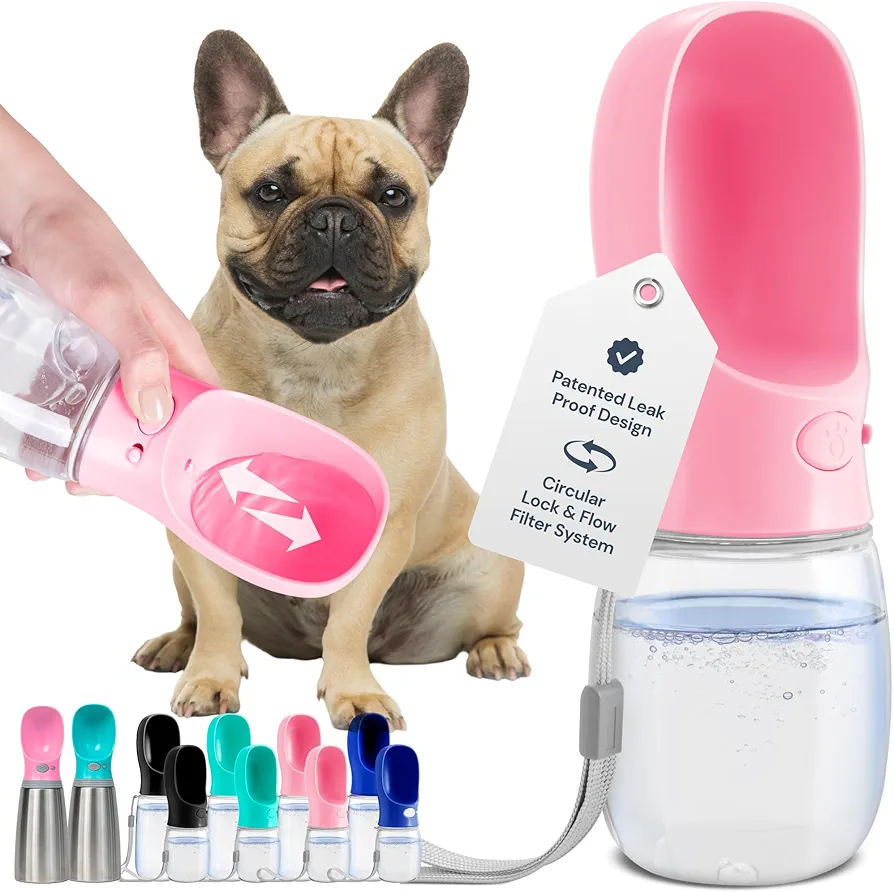 MalsiPree Botella de Agua para Perros, a Prueba de Fugas, Portátil, Dispensador de Agua para Cachorros con Alimentador Automático para Mascotas al Aire Libre, Senderismo, Viajes (350ML, Rosa)