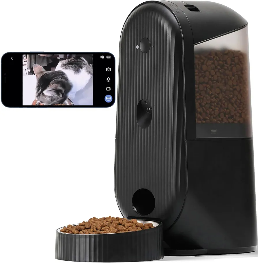 FUKUMARU Comedero Automático para Gatos, 2 en 1 Comedero Automático para Mascotas con Cámara y Audio, Comidas DIY y Control Temporizado WiFi Dispensador de Comida para Gatos, Apto para Gato y Perro