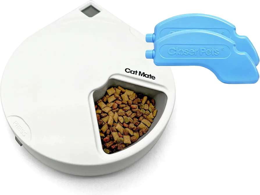 Comedero automático para mascotas Cat Mate C500 para gatos o perros pequeños con temporizador digital, comida húmeda o seca para mascotas, carrusel de 5 comidas, 330 g cada una, dos bolsas de hielo