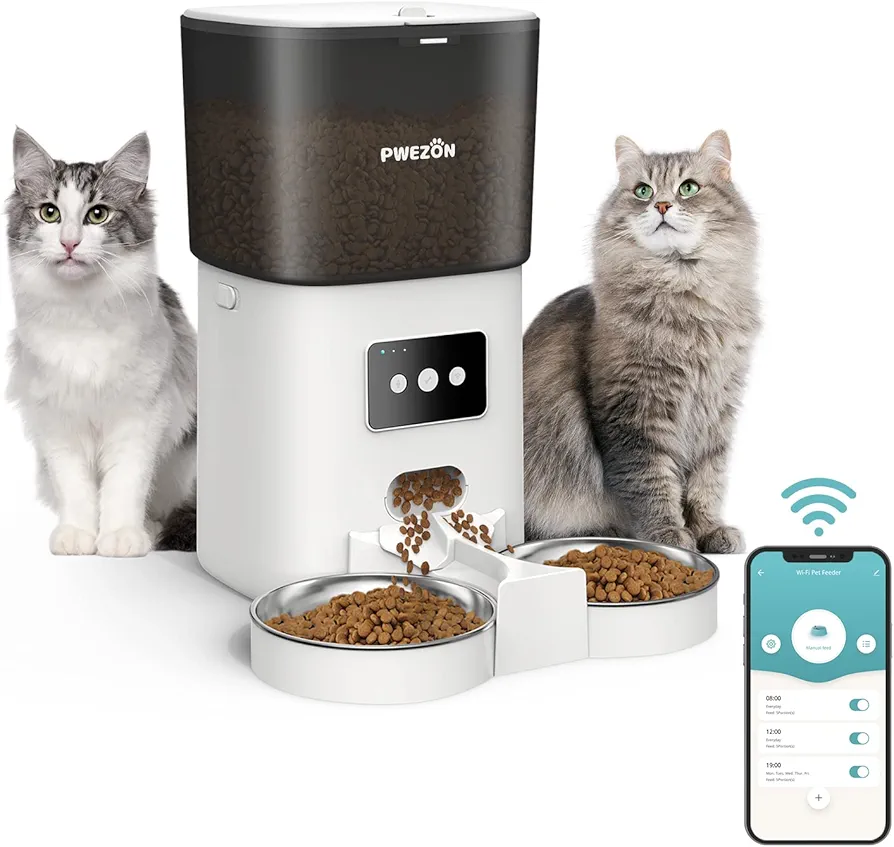 6L Comederos Automáticos para Gatos y Perros con Dos Tazones, PWEZON Inteligente WiFi Dispensador de Alimentación Automático para Dos Mascotas, Temporizador, Control de Porciones, Grabadora de Voz