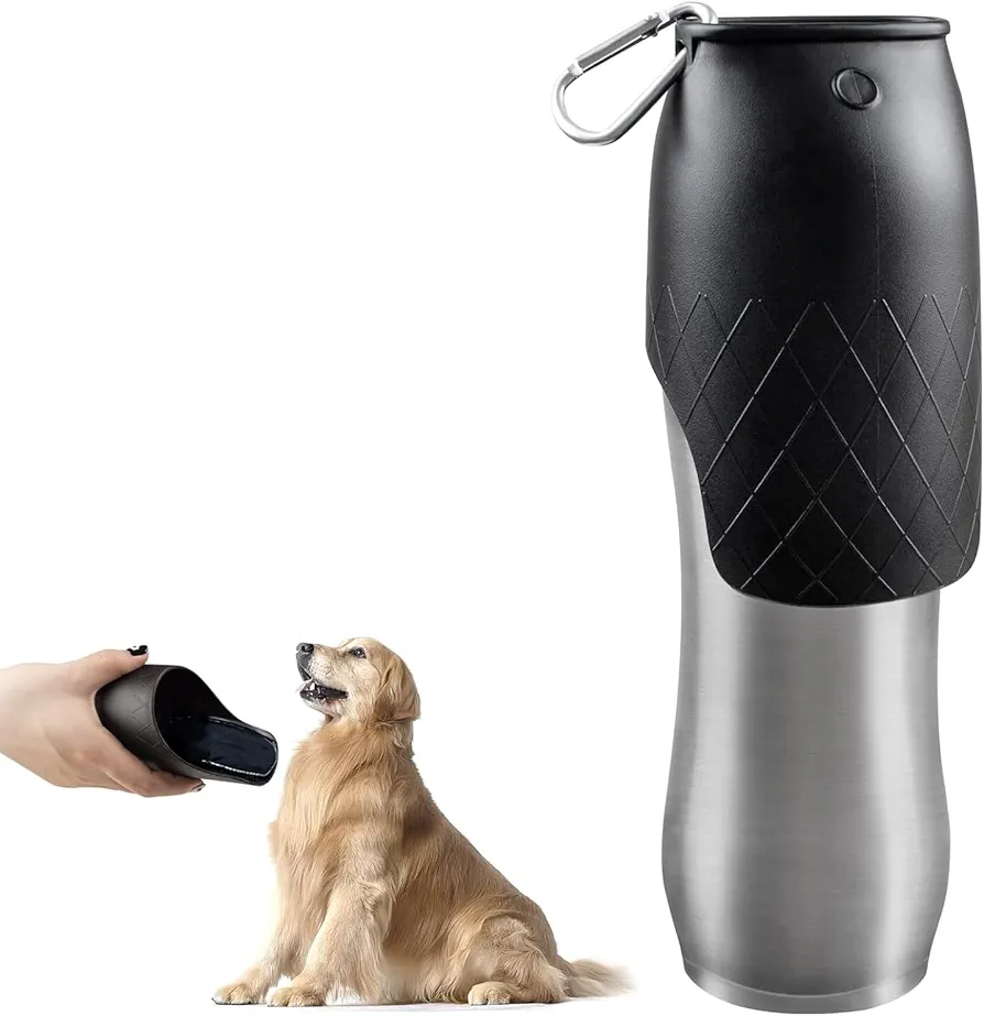 VireEyU Botella de agua para perros en movimiento, botella de agua de acero inoxidable de 750 ml para perros,botella de agua portátil para mascotas,accesorio de viaje para senderismo y camping,negro