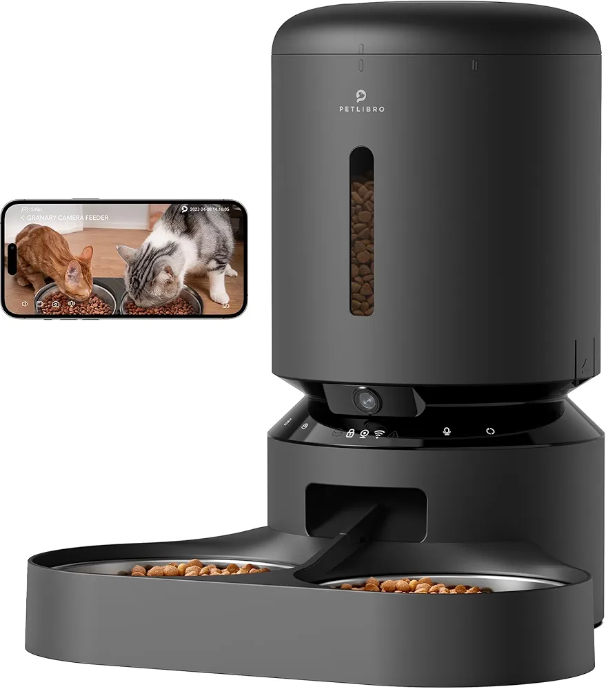 PETLIBRO Comedero Automático para Gatos con Cámara para Dos Gatos, Vídeo HD 1080P con Visión Nocturna, Comedero para Mascotas WiFi 5G con Audio Bidireccional para Perros Gatos, Bandeja Doble, Negro 5L