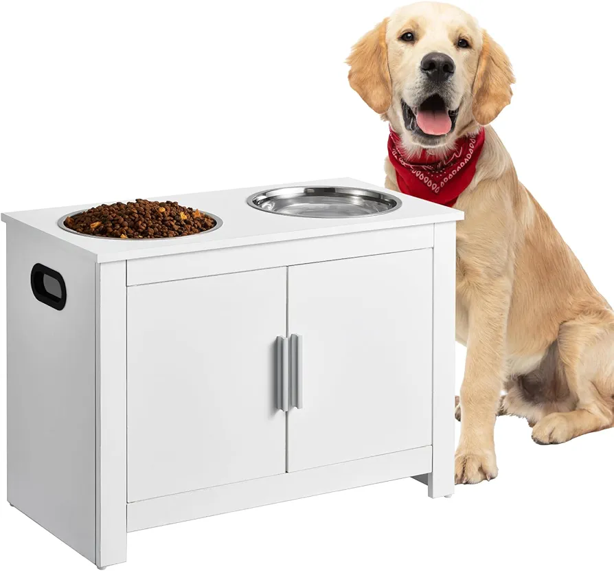 VEVOR Estación de Alimentación 60x30x44 cm Comedero Elevado para Perros con 2 Cuencos de Acero Inoxidable Armario de Madera para Comida para Mascotas con Puerta Doble para Perros Grandes, Blanco