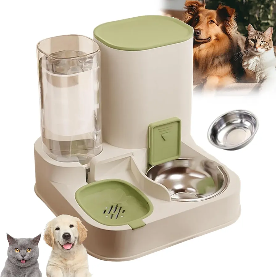 Comedero Y Bebedero Automático para Mascotas, 2 En 1 De Acero Inoxidable Y PP, Alimentador para Gatos De 2,3 L, Dispensador De Agua De 1,3 L, Dispensador De Comida para Gatos Desmontable para Perros