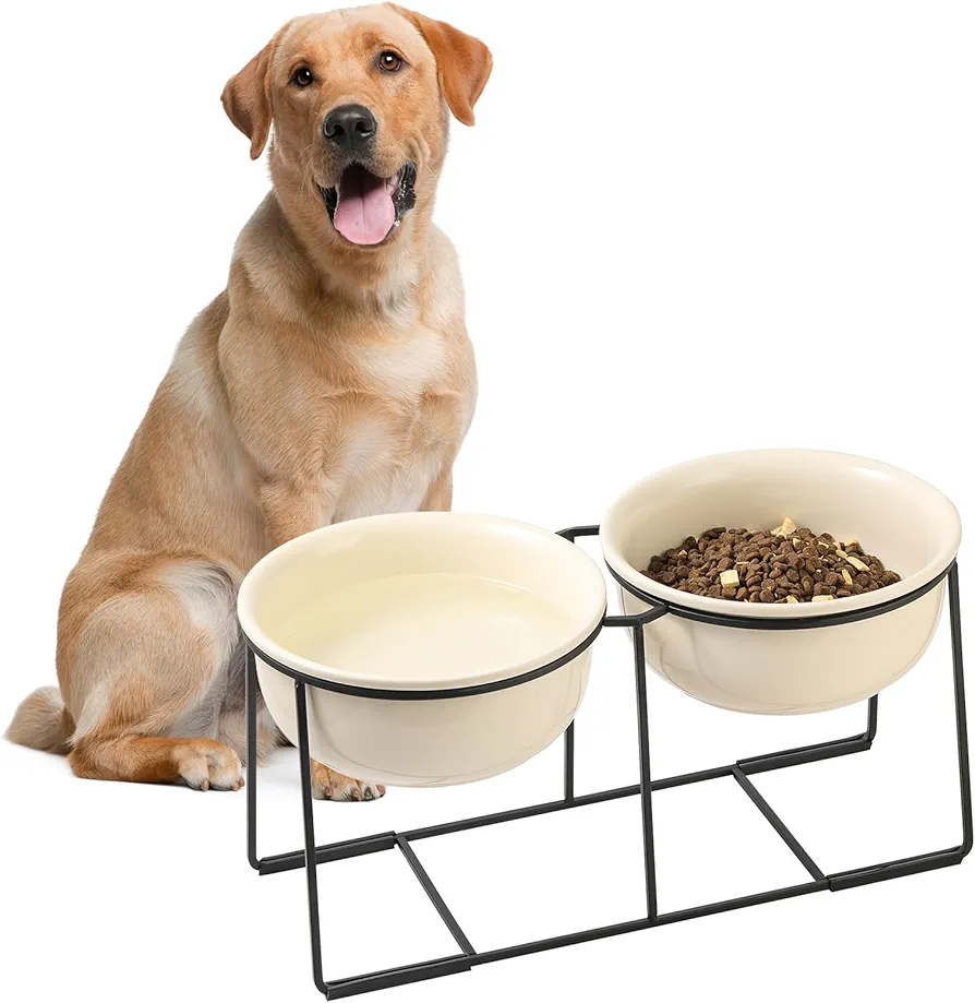 Comedero Perro Elevado Bebedero Perros - Cuenco Perro Doble Ceramica con Soporte Antideslizante - Comederos Elevados para Perros - Set de Bol Comida y Agua para Perros Medianos y Grandes - 2 x 1600 ml