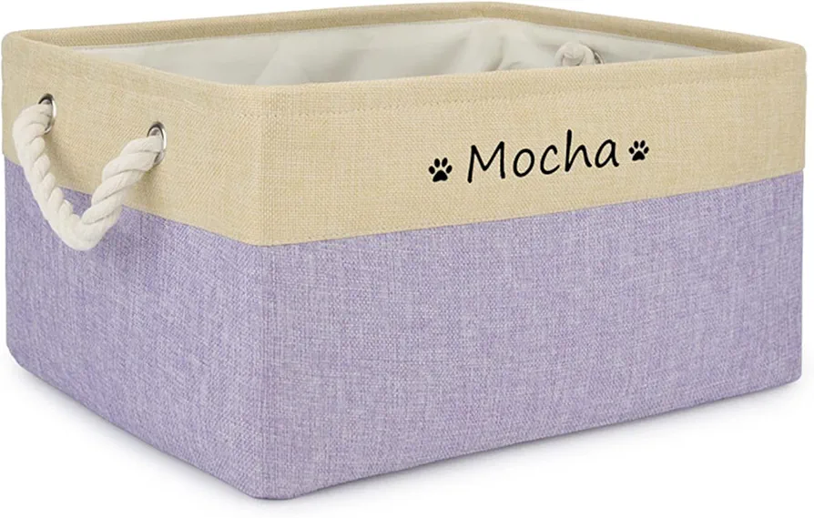 Cesta de juguetes plegable personalizada para perros, caja de almacenamiento con nombre, cachorro, gato, juguetes personalizados para organizar accesorios para mascotas (morado, 41 x 32 x 21 cm)