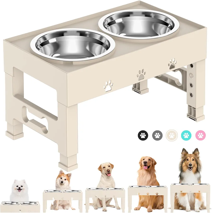 LAKIPETN Cuencos elevados para perros de 5 alturas ajustables, soporte antideslizante que se ajusta a 3.1 pulgadas, 9 pulgadas, 10 pulgadas, 11 pulgadas y 12 pulgadas con 2 cuencos elevados de acero