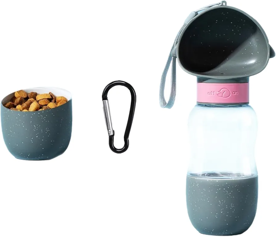 Botella de agua para mascotas, dispensador portátil 2 en 1 de 350 ml con contenedor de alimentos de 200 ml, cuenco para bebida, a prueba de fugas, para caminar, senderismo, viajes al aire libre (gris,