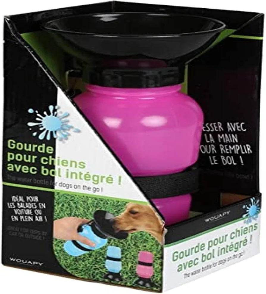 Wouapy Bebedero para Perros Portátil Tipo Fuente (500 ml, Rosa). Botella de Agua con Cuenco para Perros Grandes, Cachorros de Plástico. Accesorios para Mascotas