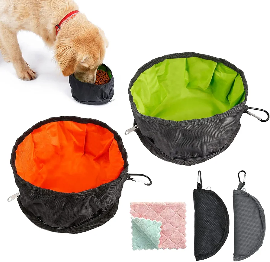 MABAHON Paquete de 2 Cuencos Plegables de Viaje para Perros de Nailon Portátiles, Plegables Grandes Ligeros,con Gancho de Cremallera Paño de Limpieza, para Perros Gatos para Acampar al Aire Libre