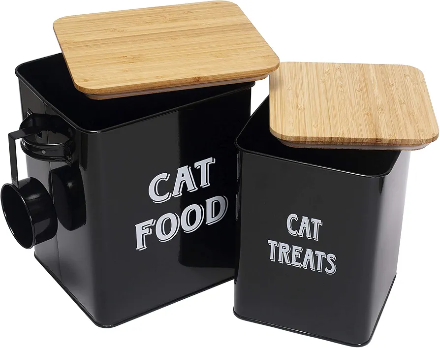 MOREZI Juego de recipientes para comida y refrigerios para mascotas, con cuchara y tapa hermética, mantiene la comida fresca, frasco de almacenamiento de comida para gatos-Negro