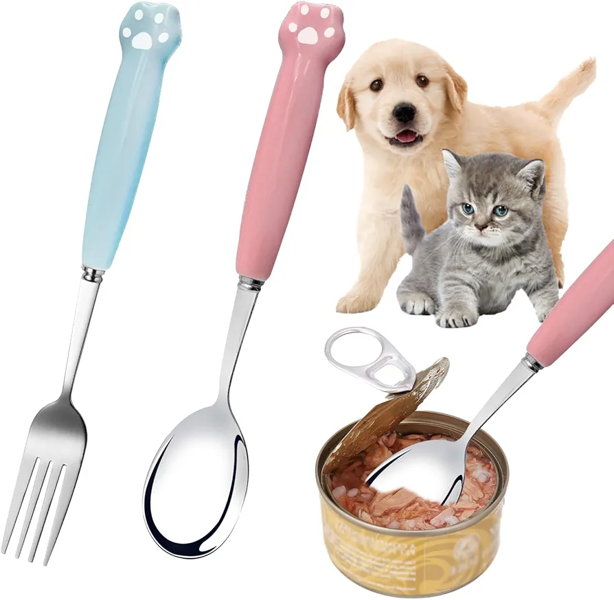 Cuchara de Comida para Mascotas, Long Cuchara de Lata para Mascotas y Fork Cuchara de Lata de Gato de Pata Acero Inoxidable Cuchara de Comida para Gatos para Alimentos Húmedos (Polvo Azul)