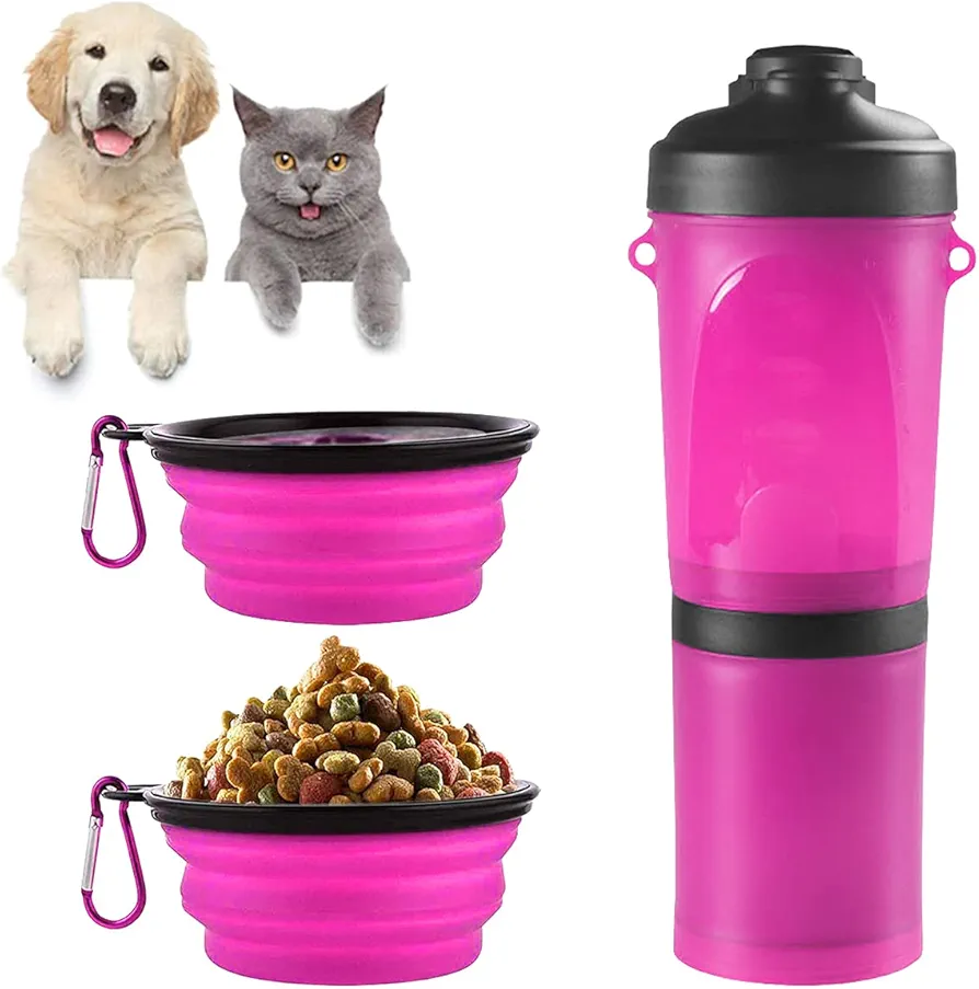 Barrageon Botella de Agua para Perros 2 en 1 Envase de Comida para Mascotas con 2 Plegable Tazones Portatil Bebedero Dispensador al Aire Libre Caminar Viajar Camping (Rosa)