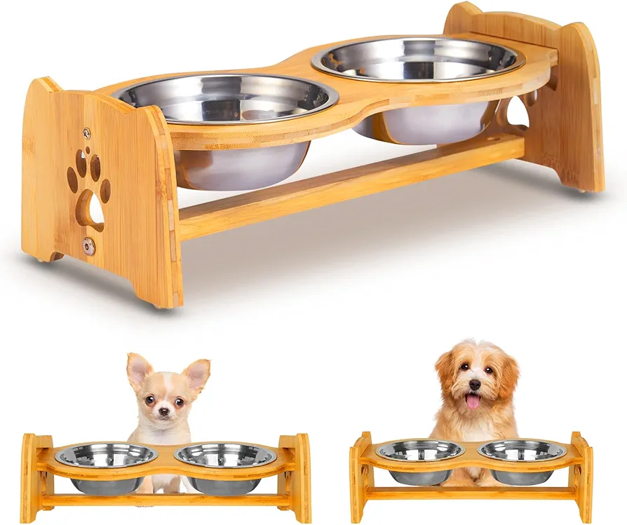 X-ZONE PET Cuencos elevados para Mascotas para Gatos y Perros, Cuencos elevados de bambú Ajustables para Comida y Agua para Perros y Gatos, comedero con 2 Cuencos de Acero Inoxidable y Patas