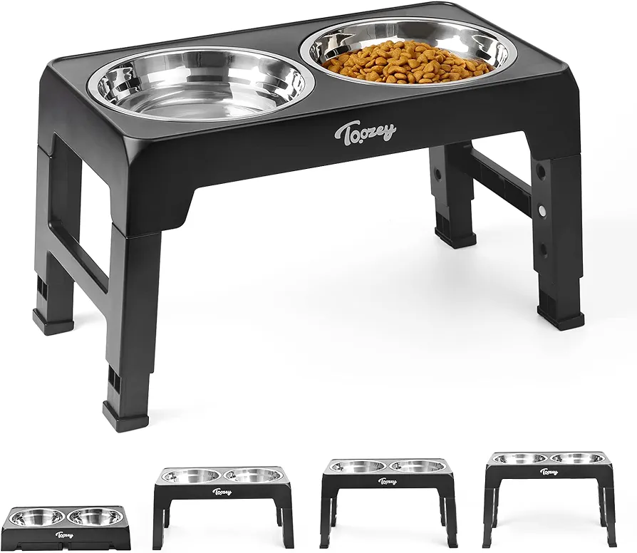 Toozey Comedero Elevado Perro con Tazones de Acero Inoxidable Dobles de 1,2 L de 4 Altura Ajustable para Alimentador de Agua y Comida para Mascotas y Gatos, Negro