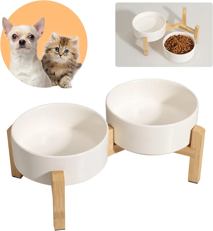 Comedero Perro Elevado Comedero Perros - Comedero y Bebedero Perro Ceramica - Cuenco Perro Doble con Soporte de Bambú - Platos para Perros - Bol Comida y Agua para Gatos y Perros Pequeños - 2 x 480 ml