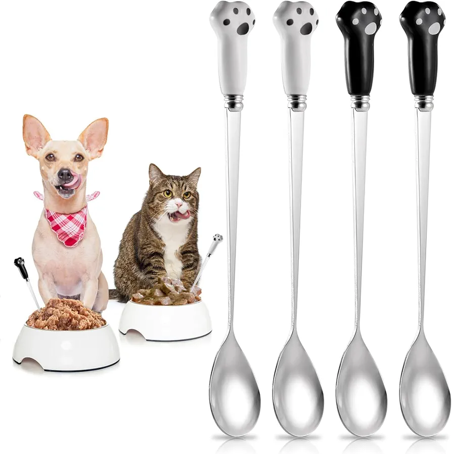 JYTDBCS 4 cucharas de comida para mascotas, cuchara de lata de gato de pata, cucharas de acero inoxidable para mascotas, cuchara universal de mango largo para gatos y perros