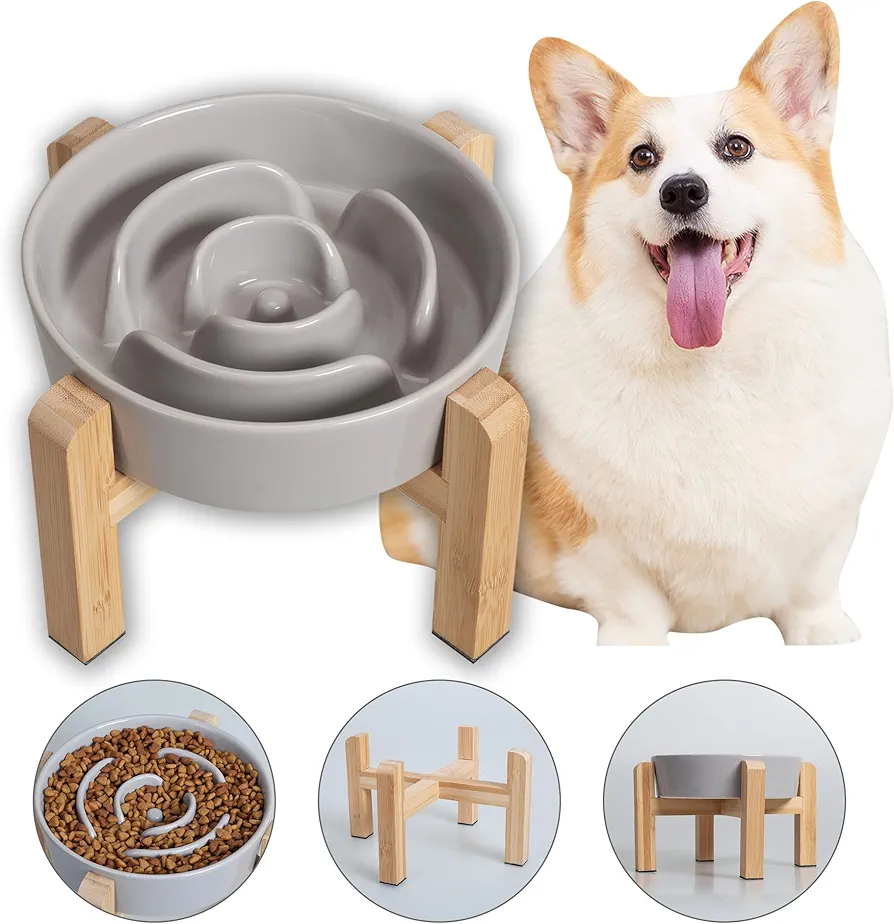 Comedero Perro Antivoracidad Cuenco Perros - Comedero Perro Elevado Ceramica con Soporte de Bambú - Bol Perro Laberinto Lento Comer - Plato de Comida para Perros Pequeños y Medianos - Gris - 17 cm