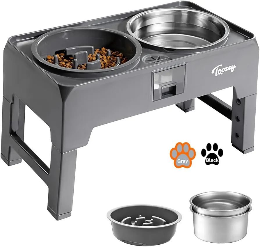 Toozey Comedero Perro Elevado, 3 Cuencos de Comida Extra Grandes Incluidos, 4 Comederos Elevados para Perros de Altura Regulable con Cajón Recolector, Gris