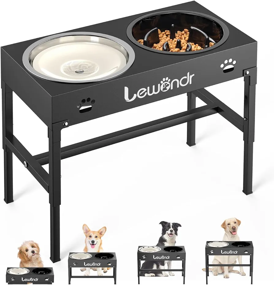 Lewondr Comedero Elevado para Perros, 2 en 1 Soporte Elevado de Metal para Perros con Bebedero Antiderrame, Dispensador de 3 Alturas Ajustables Antideslizante para Perros Pequeñas, Medianas y Grandes