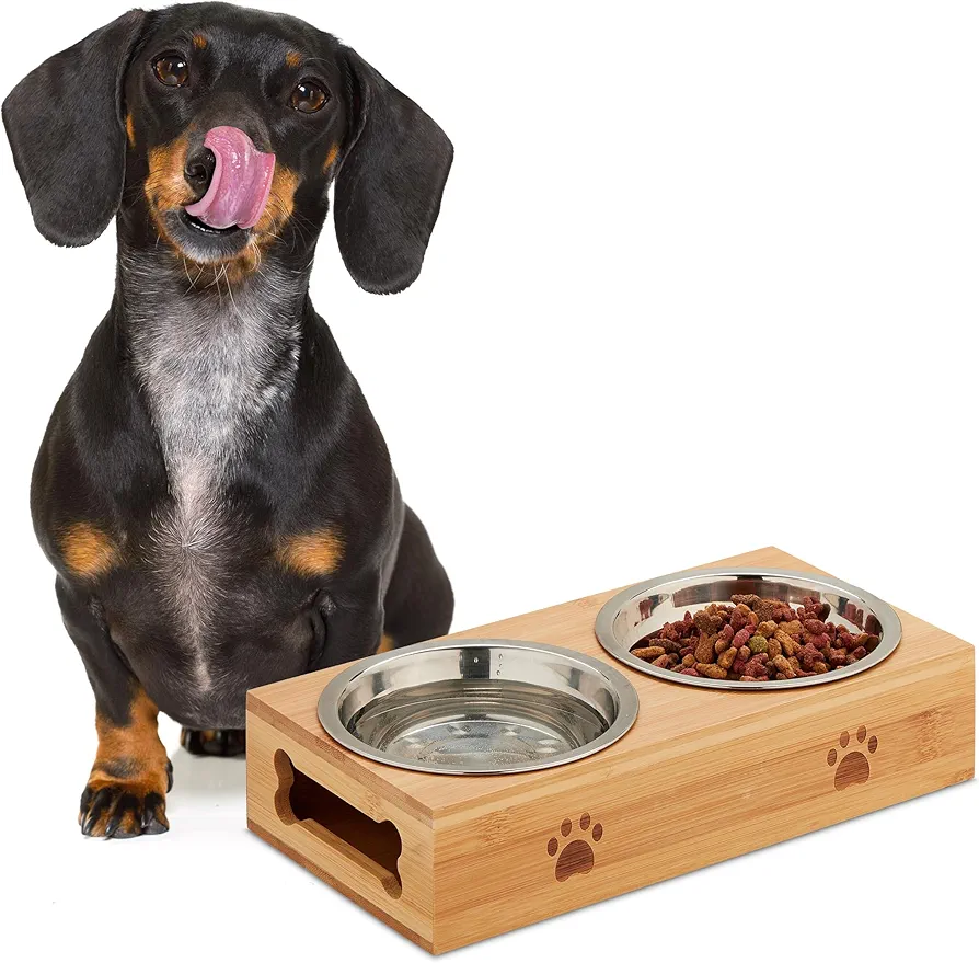 Relaxdays Futterstation für Hunde Comedero Elevado Perro con 2 Cuencos 300 ml, Soporte para 2 Platos, Madera Bambú y Acero Inoxidable, Natural, Hierro, 6 x 29 x 24,5 cm