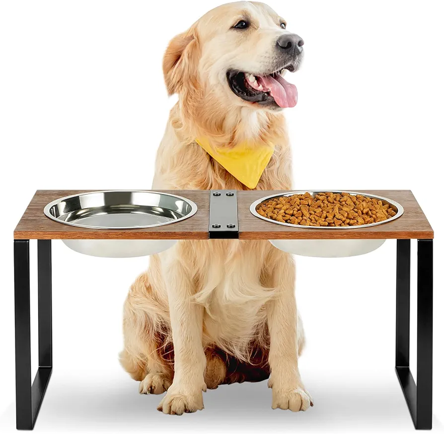 GUUSII HOME Comedero Perro Alto Grande Soporte Cuenco Bebedero Elevado para Perros Grandes y Medianos Elevador Comederos de Madera 57.5 * 24 * 29cm con Cuencos Dobles de Metal 1500ml Antideslizante