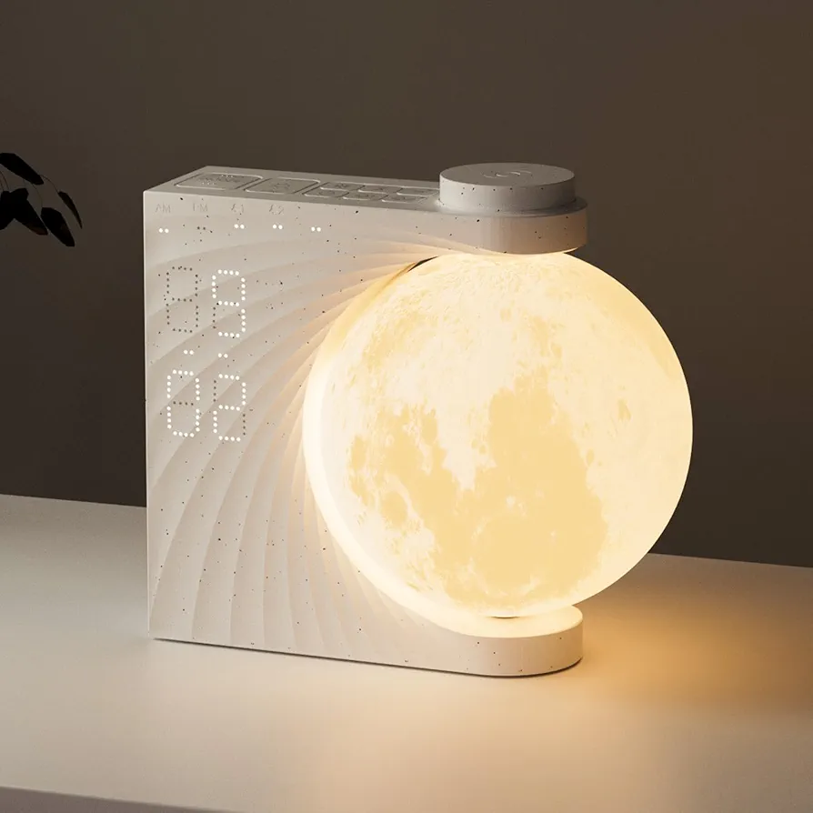 RETEYUNG Lámpara de Luna con Luz Despertador, 2 Despertadores, Luz de Luna RGB 8 Colores, 10 Sonidos Naturales, Lámpara de Cabecera 3 Etapas Luz de Noche para Mujeres Niñas Niños Dormitorio