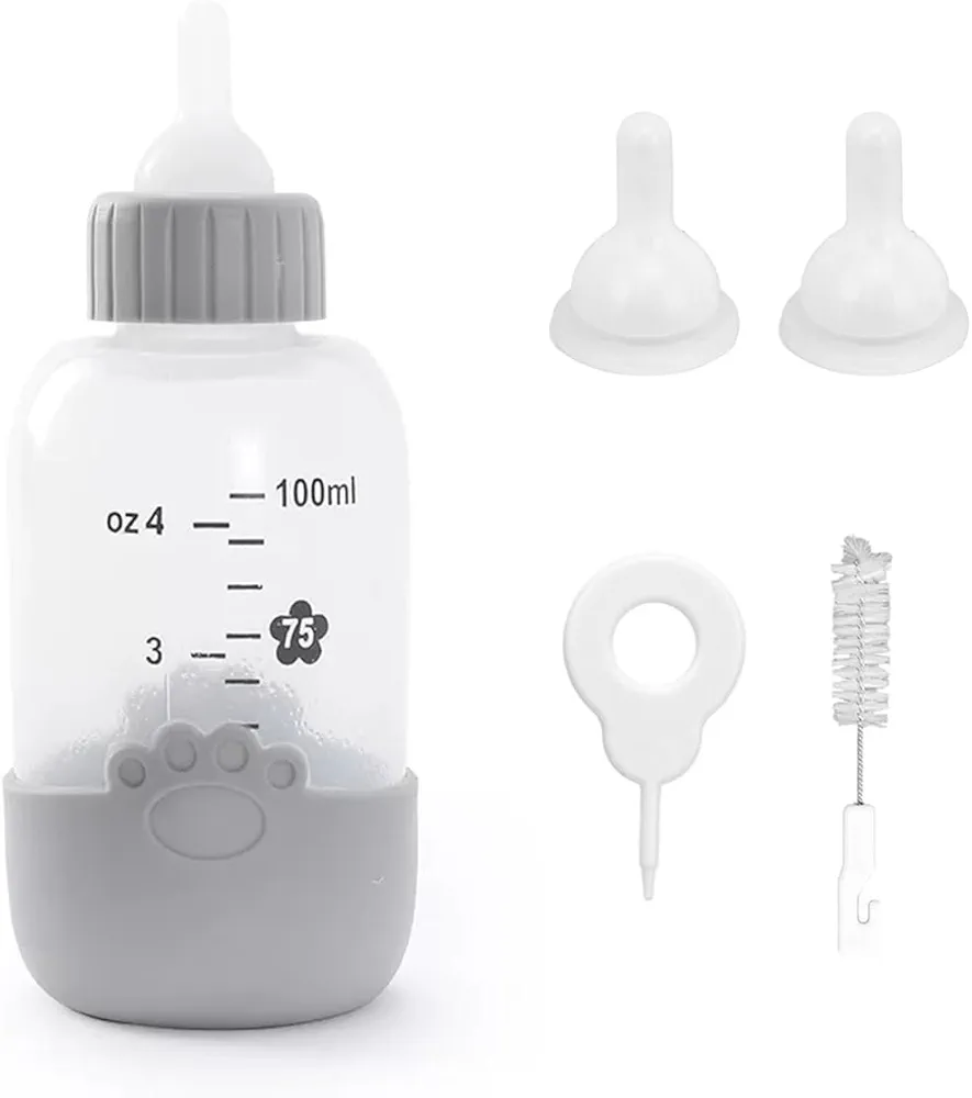 Ichigo Ichie Kit de Biberón de Silicona para Mascotas, Biberón de Leche de Grado Alimentaria para Perritos y Gatitos Recién Nacidos, Incluye 2 tetinas de Repuesto y 1 Cepillo de Limpieza, 100ml, Gris